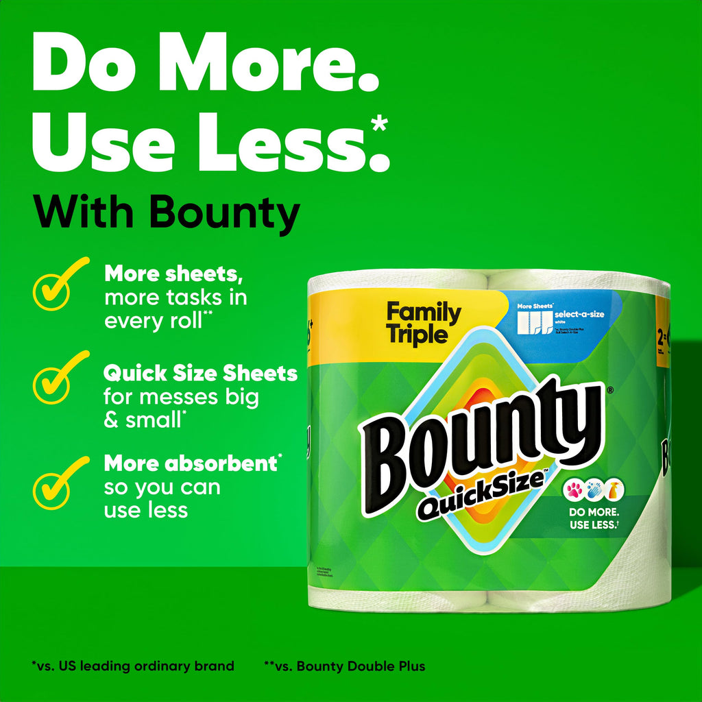 Bounty Paper Towels Quick Size, White, 16 Family Rolls = 40 Regular Rolls