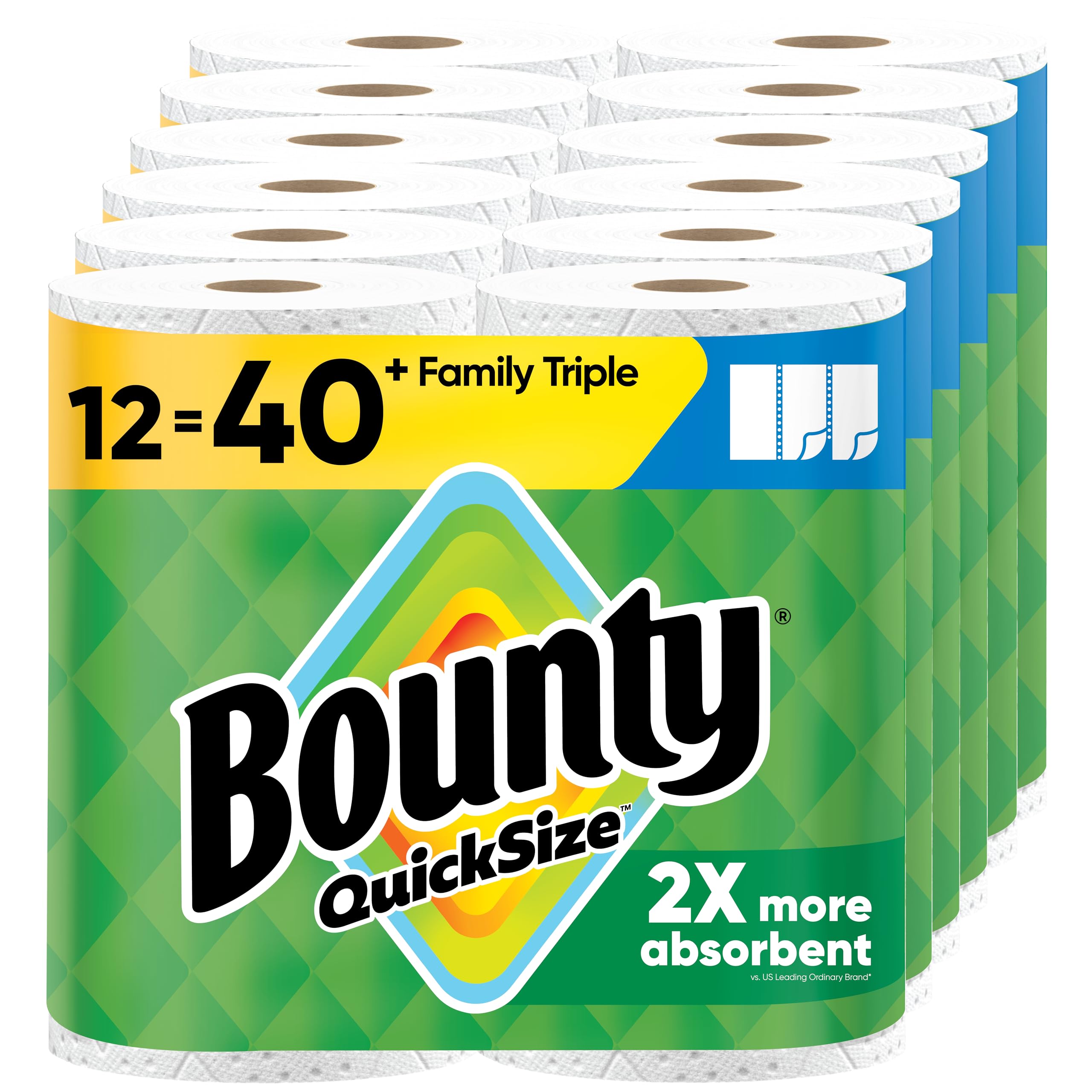 Bounty Paper Towels Quick Size, White, 16 Family Rolls = 40 Regular Rolls